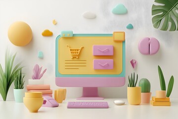 Minimalist Workspace with Pastel Colored Digital Shopping Cart Display