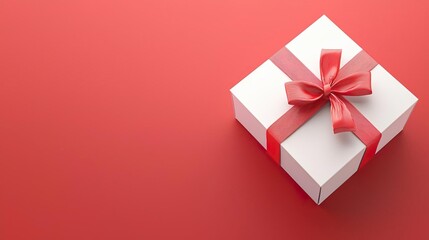 White gift box with red ribbon on red background.