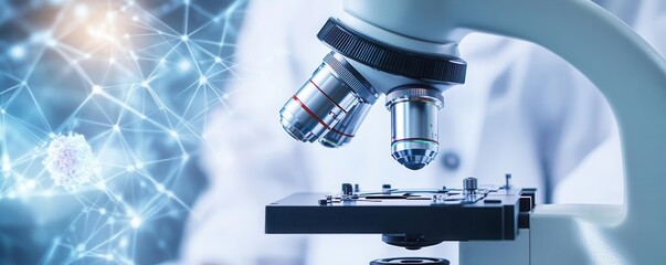 Medical team analyzing biopsy results under a microscope, emphasizing the role of tissue analysis in lung cancer staging