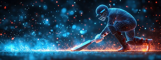 Digital blue low poly cricket player with glowing data streams AI in sports analytics, player performance tracking systems, match prediction algorithms, and training programs. wireframe player design