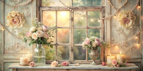Nostalgic romance whispers sweet sentiment with muted pastels, creamy textures, and ornate details on a vintage windowpane.