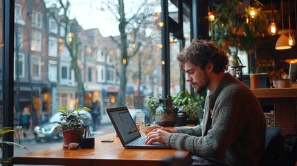 A freelancer working in a modern cafe with floor-to-ceiling windows offering a view of a vibrant, busy street. The workspace includes a laptop and tablet, capturing the flexibility of remote work in