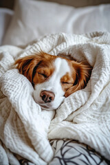 Sleeping dog wrapped in a cozy white blanket, domestic life and pet concept