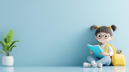 3D education and school concept little student girl studying at school, simple shapes 3D character illustration in the style, 3D, 8k resolution