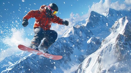 Snowboarder Mid-Jump with Snow Flying Against a Mountainous Backdrop.