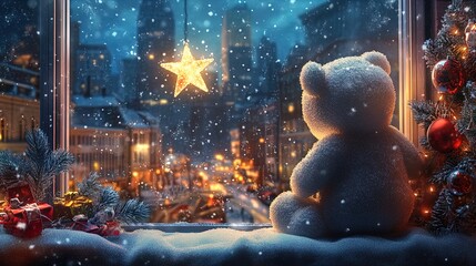 Embrace Holiday Cheer: Snow-Covered Teddy Bear on Windowsill Watching Vibrant City Scene – Perfect Poster for Cozy Winter Decor!