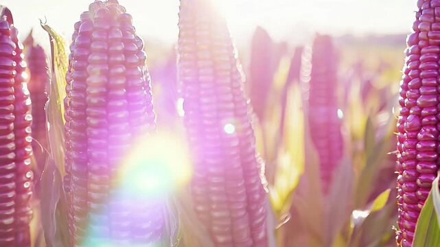 A field of pink corn is in full bloom. The corn is tall and has a bright pink color. The field is lush and green, and the sun is shining brightly on the corn. The scene is peaceful and serene