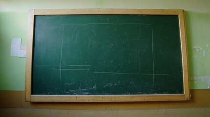 Fototapeta premium A vintage green chalkboard with a wooden frame mounted on a yellow and green wall.