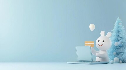 3D Hands holding credit card and using laptop. Online shopping, simple shapes 3D character illustration in the style, 3D, 8k resolution