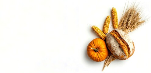 bread and wheat ears. on a white background a loaf of bread, ears of wheat and orange pumpkins. top view, thanksgiving day