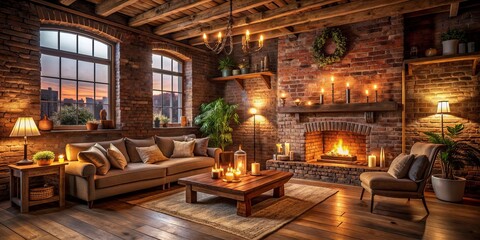 Rustic Charm Dramatic Lighting unfurnished home with exposed brick, reclaimed wood, and candlelit ambiance, capturing a cozy and intimate atmosphere.