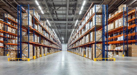 Huge distribution warehouse with high shelves. logistics depot.