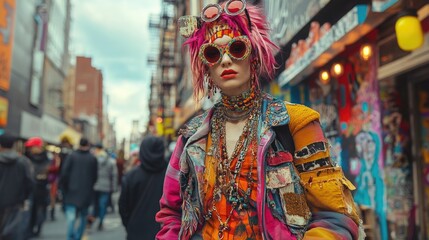 Fototapeta premium Decora Fashion Enthusiast in Bustling Urban Street with Bright Colors and Layers of Accessories