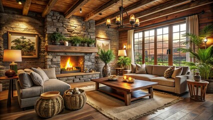Fototapeta premium Rustic, earthy ambiance with natural materials, reclaimed wood, and warm earth tones evoking a cozy, welcoming atmosphere