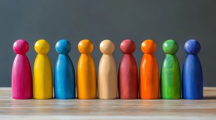 Colorful wooden people arranged in a row, representing a crowd concept in an abstract style influenced by various artists.