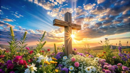 A wooden cross in a field with flowers on the background of a picturesque sky during sunset