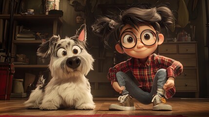 Obraz premium Cheerful Girl with Sneakers and Cartoon Dog: Perfect Poster for Energetic Sports Interiors, Capturing Playful Spirit and Mischief!