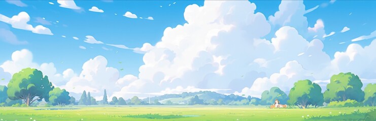 Obraz premium Summer Fields and Mountain Vistas: A Lush Green Landscape Under Blue Skies and White Clouds in a Flat Design Cartoon Style, storybook illustrations, comic strips, book illustrations and picture books