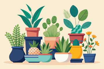 Set of decorative houseplants to decorate the interior of a house or apartment. Collection of various plants in pots
