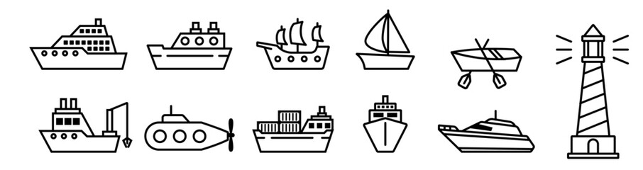 ship water sea vehicle transportation icon boat galley and mercusuar bundle