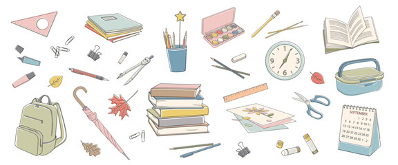 set of elements about school and  study, pens, pencils, books, notebooks, compasses, scissors, brushes, paints, glue, lunch box