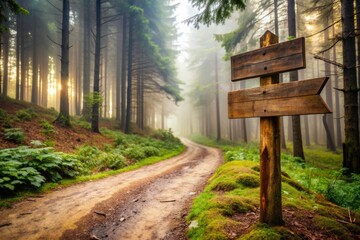 Rustic wooden signs and winding dirt paths disappearing into dense misty forests evoking sense of adventure and mystery