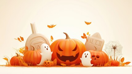 Halloween scene with carved pumpkins, playful ghosts, and gravestones, surrounded by autumn leaves, set against a light background.
