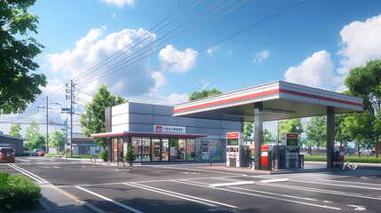 Retail Gas Station With Trees At Day.