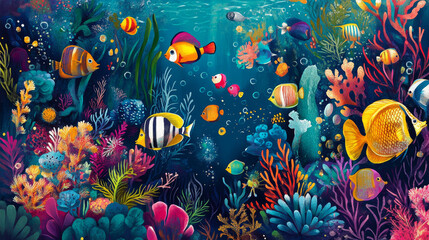 Naklejka premium Dive into a vibrant underwater realm teeming with colorful fish, quirky creatures, and swaying plants. --ar 16:9 --v 6.1 Job ID: 3be7e1ac-5a3e-4f36-857c-22c4c915f1f3