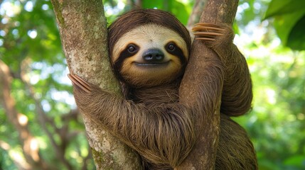 Portrait of a sloth or Latin name Bradypus variegatus hanging on a tree, endangered and protected animal background wallpaper AI generated image