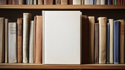 Blank book cover mockup on a bookshelf with vintage books.