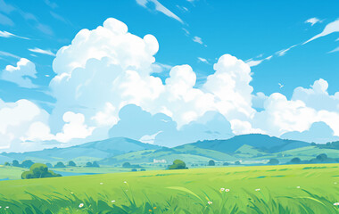 Summer Fields and Mountain Vistas: A Lush Green Landscape Under Blue Skies and White Clouds in a Flat Design Cartoon Style, storybook illustrations, comic strips, book illustrations and picture books