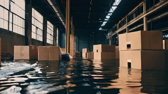 Flooded Warehouse with Cardboard Boxes