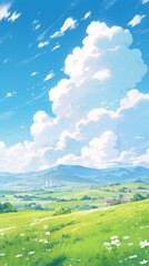 Summer Fields and Mountain Vistas: A Lush Green Landscape Under Blue Skies and White Clouds in a Flat Design Cartoon Style, storybook illustrations, comic strips, book illustrations and picture books