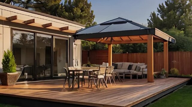 Modern Deck with Wooden Gazebo and Patio Furniture