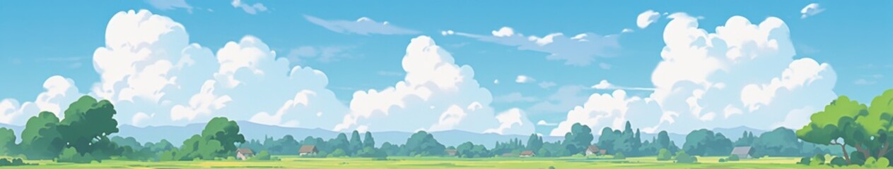 Summer Fields and Mountain Vistas: A Lush Green Landscape Under Blue Skies and White Clouds in a Flat Design Cartoon Style, storybook illustrations, comic strips, book illustrations and picture books