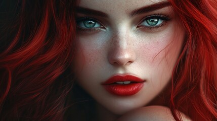 Fototapeta premium Face girl anime character 3D beautiful with red lips, red hair background wallpaper AI generated image