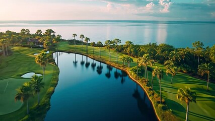 serene aerial view of a lovely golf course with shimmering water and luscious palm trees surrounding it  - Powered by Adobe