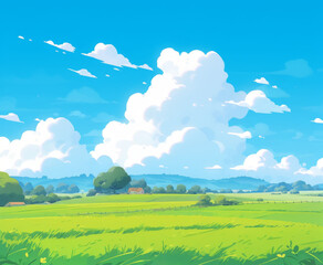 Summer Fields and Mountain Vistas: A Lush Green Landscape Under Blue Skies and White Clouds in a Flat Design Cartoon Style, storybook illustrations, comic strips, book illustrations and picture books