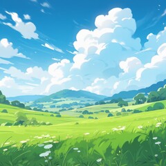 Fototapeta premium Summer Fields and Mountain Vistas: A Lush Green Landscape Under Blue Skies and White Clouds in a Flat Design Cartoon Style, storybook illustrations, comic strips, book illustrations and picture books