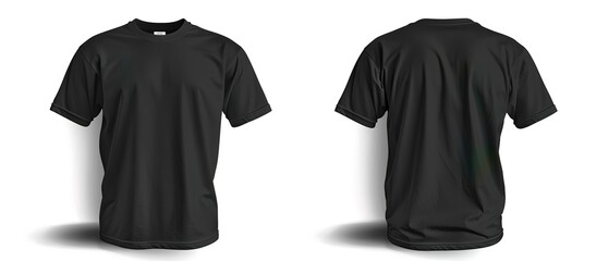 Black T-shirt template mockup, front and back view, isolated on a white background. 