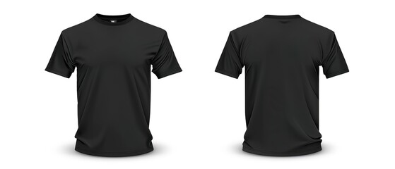 Black T-shirt template mockup, front and back view, isolated on a white background. 