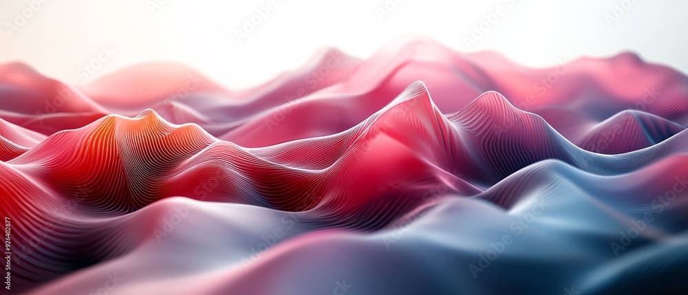 Poster abstract landscape featuring soft waves in red and blue hues, creating a serene and visually captiva