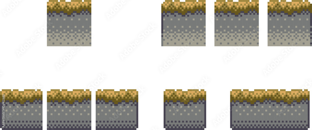 Poster pixel art tile set for 2d retro video-game. a set of grey ground tiles with autumn grass for platfor