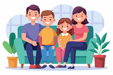 Happy family sitting on sofa over isolated background. Mom, dad, son and daughter are smiling while sitting on the couch. Concept of happiness and love, home comfort
