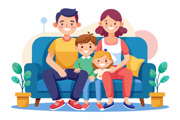 Happy family sitting on sofa over isolated background. Mom, dad, son and daughter are smiling while sitting on the couch. Concept of happiness and love, home comfort
