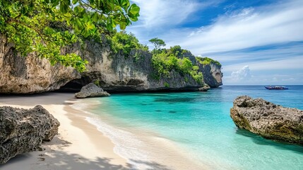 Fototapeta premium Secluded Cove with Turquoise Waters and White Sandy Shores, Nestled Among Towering Cliffs and Lush Vegetation. AI generated illustration