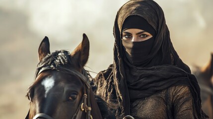 Beautiful Muslim woman soldier army warrior and veiled on horseback background wallpaper AI generated image