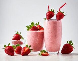 Delicious strawberry smoothie with fresh ripe strawberries on white background. Ai generated image.