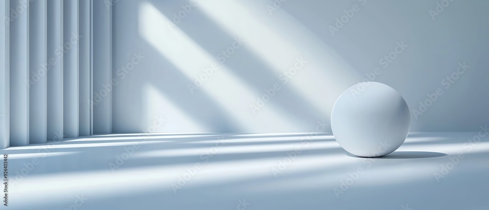 Poster A minimalistic interior featuring a spherical object illuminated by soft, natural light and subtle shadows on a smooth surface. Bold geometric backgrounds.